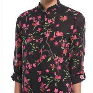 Alice + Olivia Floral Eloise Sheer Silk Button Front Mandarin Collar Blouse READ